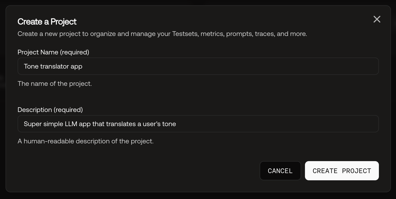 Screenshot of the create project modal in the UI.