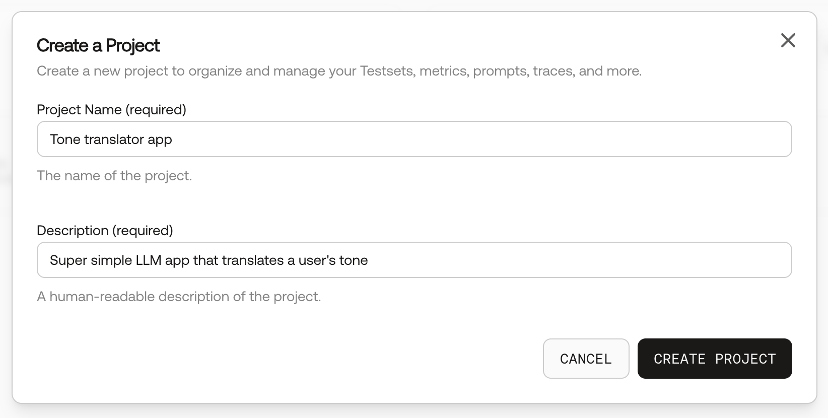 Screenshot of the create project modal in the UI.