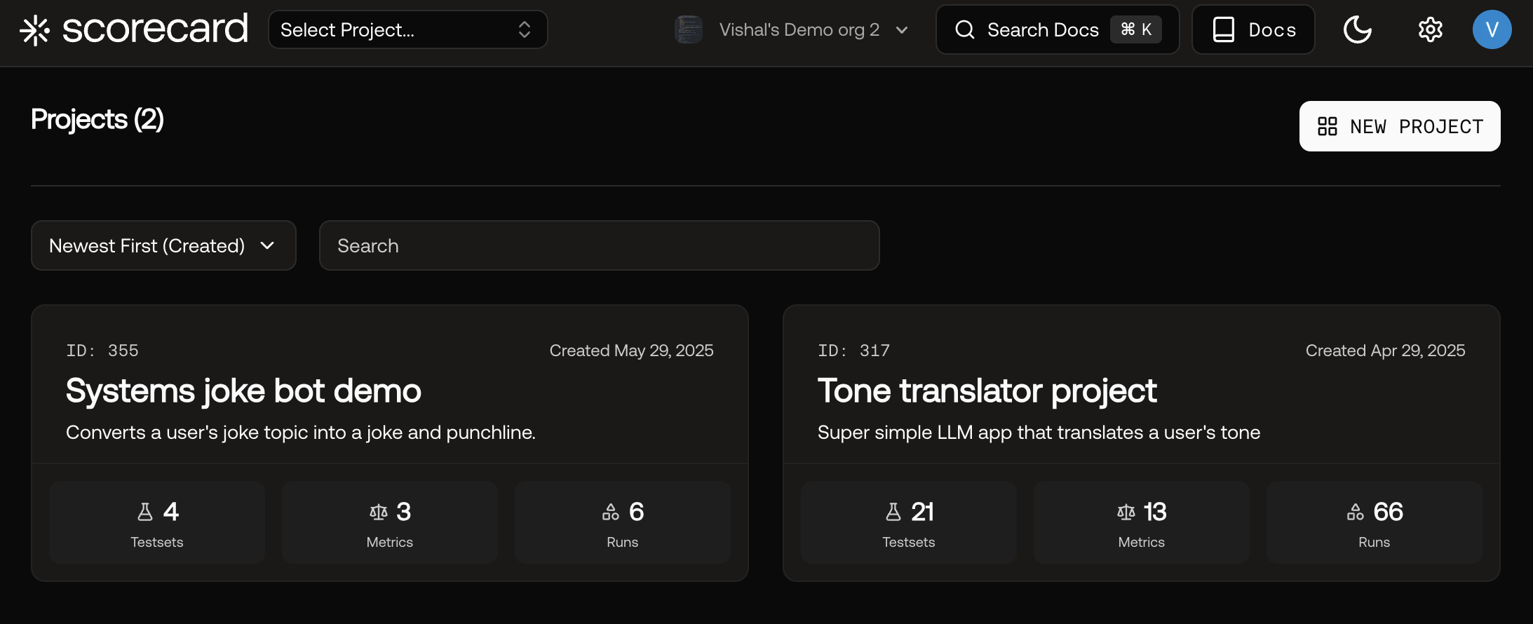 Screenshot of the projects overview page with two projects.