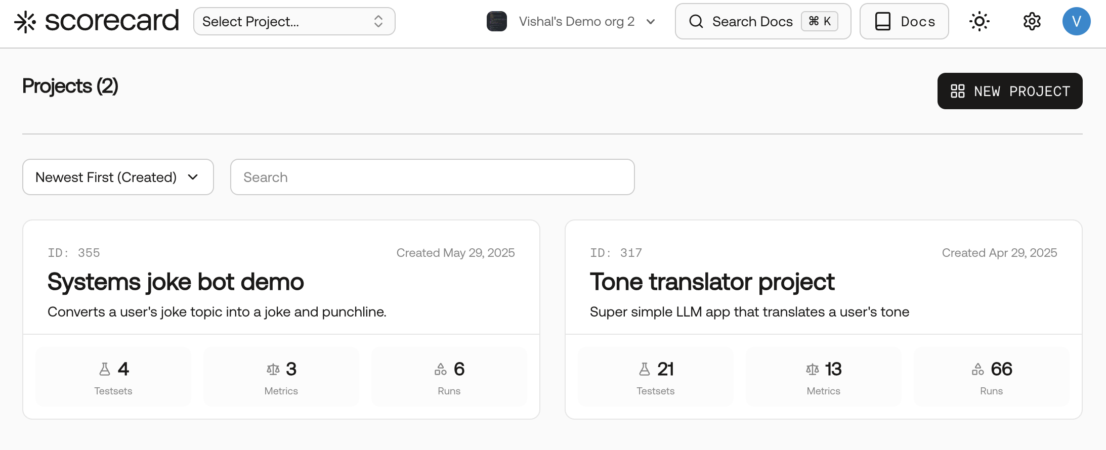 Screenshot of the projects overview page with two projects.