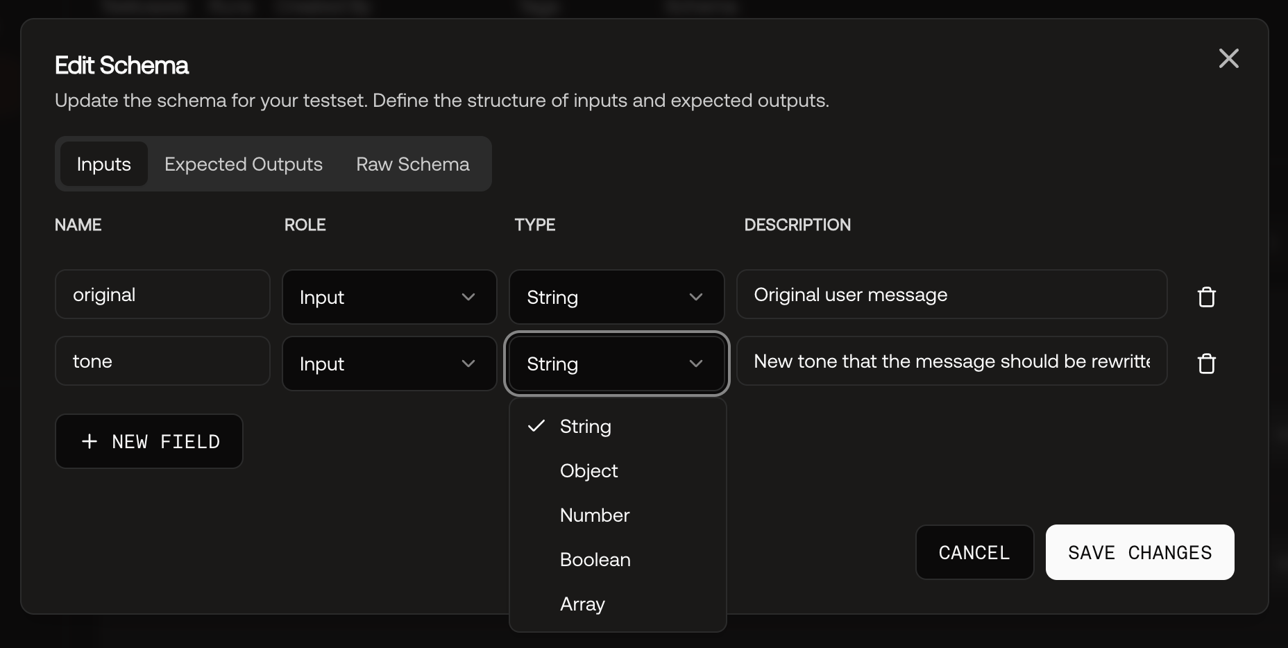 Screenshot of the testset schema editor in the UI.